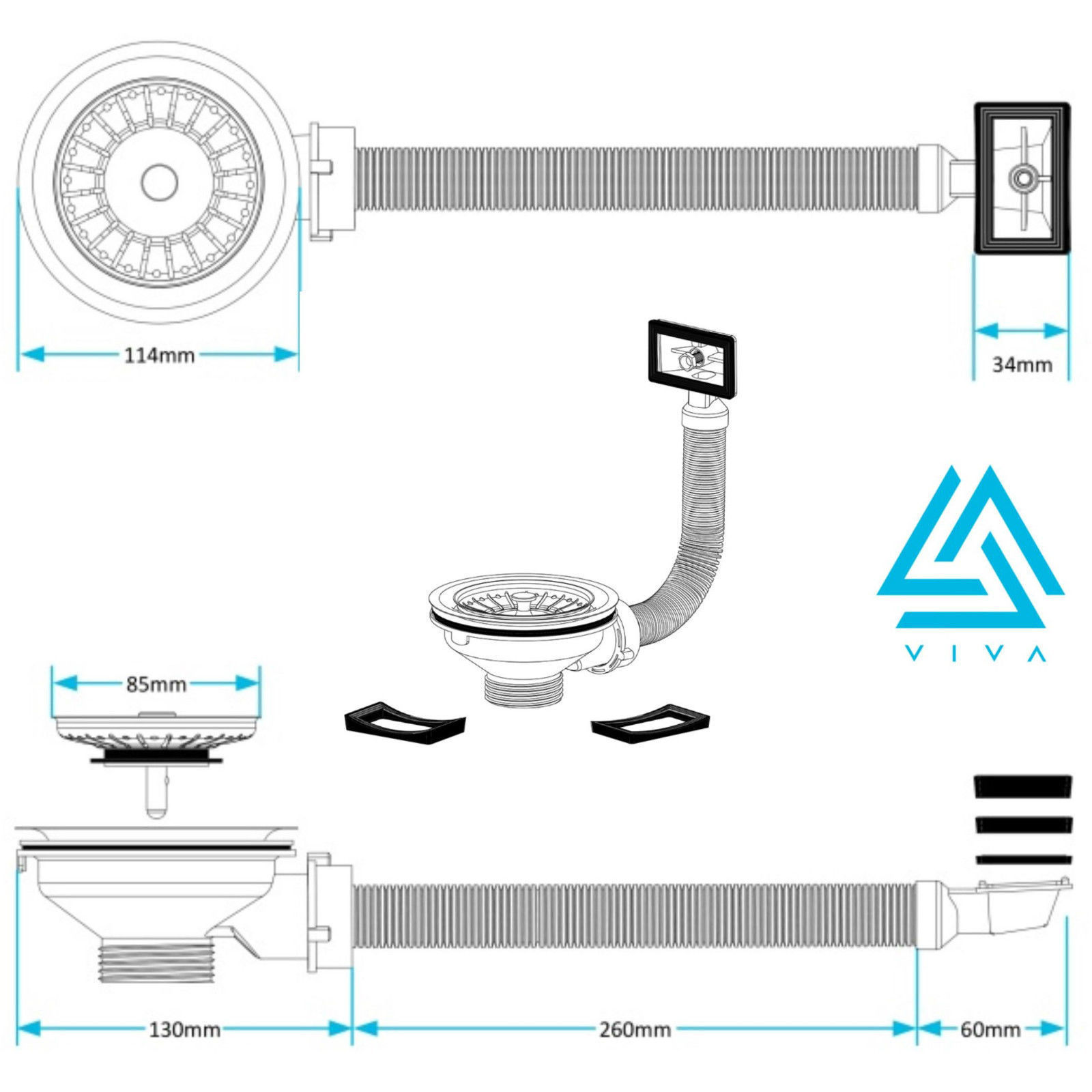 Taps2Traps S/S Basket Strainer Waste & Plug With Square Overflow Taps