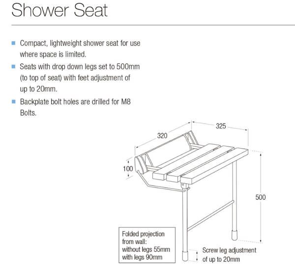 Wall Mounted Folding Shower Seat with Collapsible Legs in White (Max. 180kgs) - Image 5