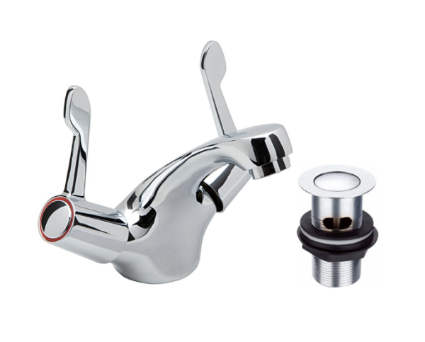 Lever Action Bathroom Mono Basin Mixer Tap + Press Top Waste - Chrome