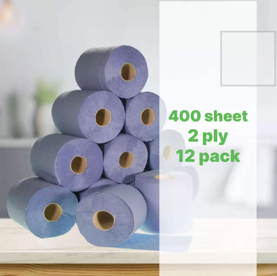 FR ENTERPRISES 12 X Jumbo Blue Roll Centre Feed Workshop Towels – 2-Ply Embossed
