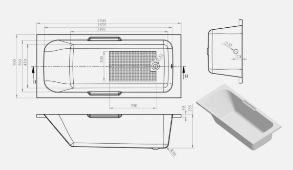 Single Ended Twin Grip Bath Tub Chrome Handles Anti-Slip 1500mm, 1600mm & 1700mm - Image 3
