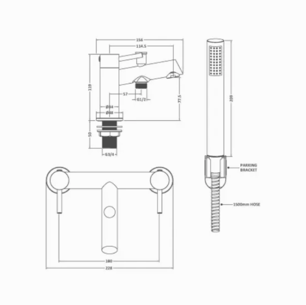Velora Bath Shower Mixer With Handset - Chrome PSTE304 - Image 2
